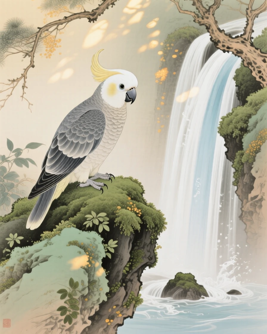 A cockatoo perched atop a moss-covered rock near a waterfall, soft morning light filtering through the branches