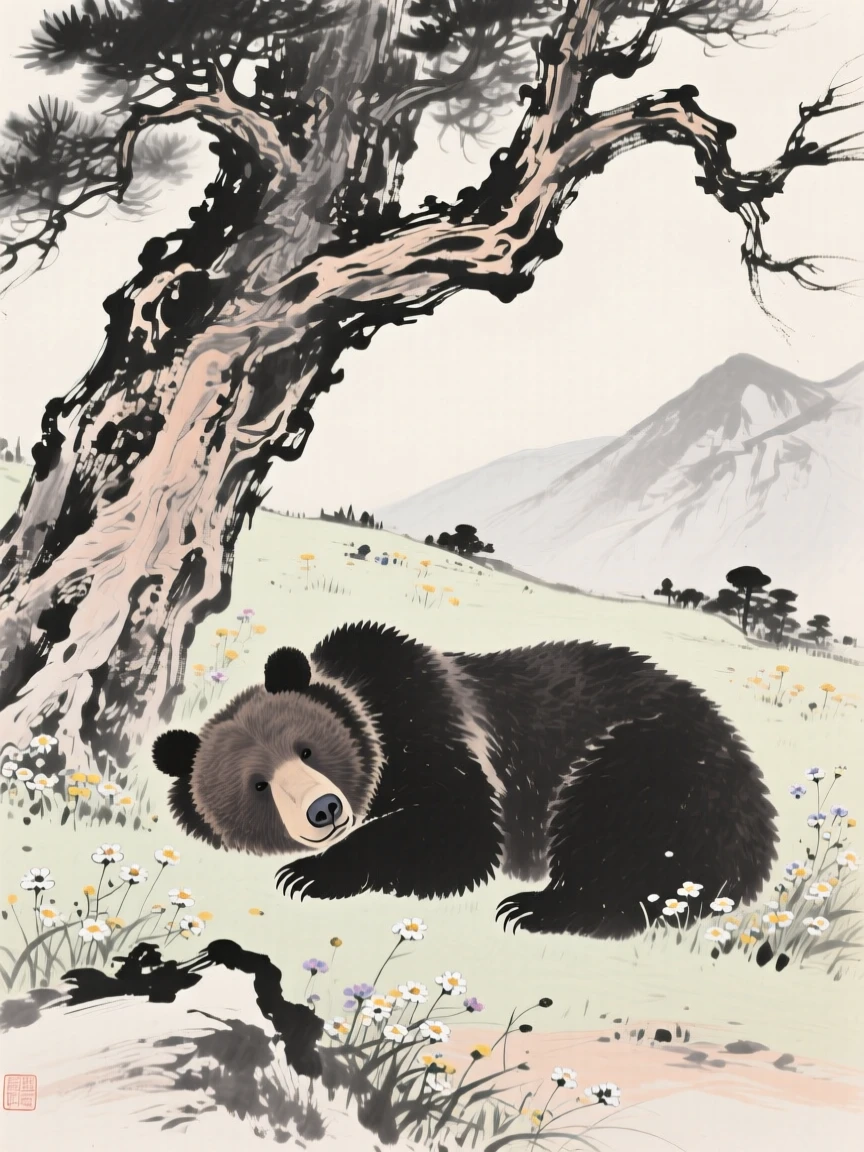 A bear resting beneath a gnarled old tree among wildflowers on a mountain meadow, framed low to the ground for an intimate, close perspective, capturing a fleeting, tender moment of wild life.