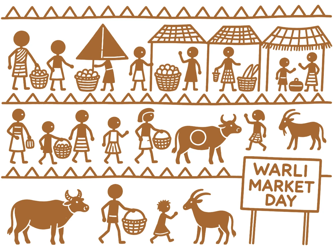 A market day scene with vendors, animals, and shoppers filling every corner.