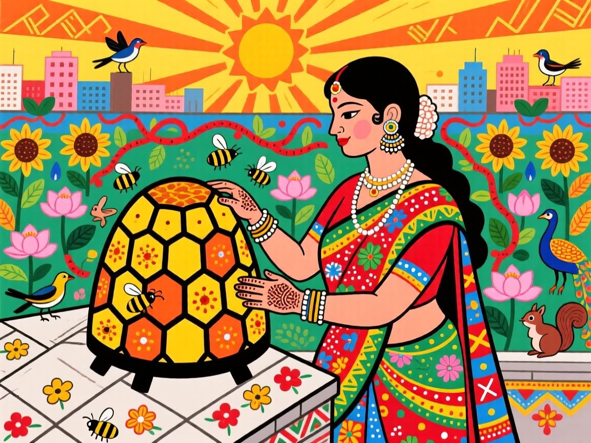 A woman tending a rooftop beehive overlooking a sunlit city garden.