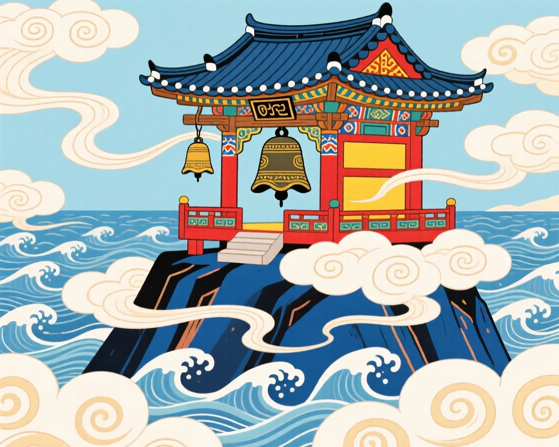 A mountain temple where the bells ring on their own in a light breeze, echoing across a sea of clouds.
