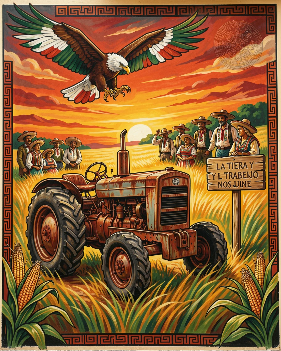 A rustic tractor resting in a field at day's end