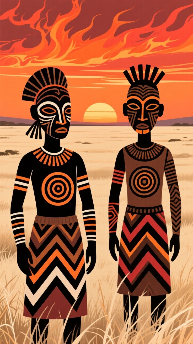 A fiery sunset over the wide open savanna.