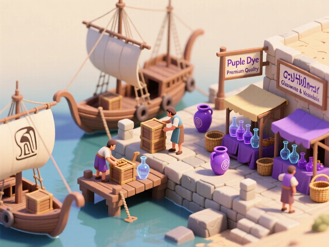 An ancient Phoenician trading port with ships unloading purple dye and glassware onto a bustling stone dock.