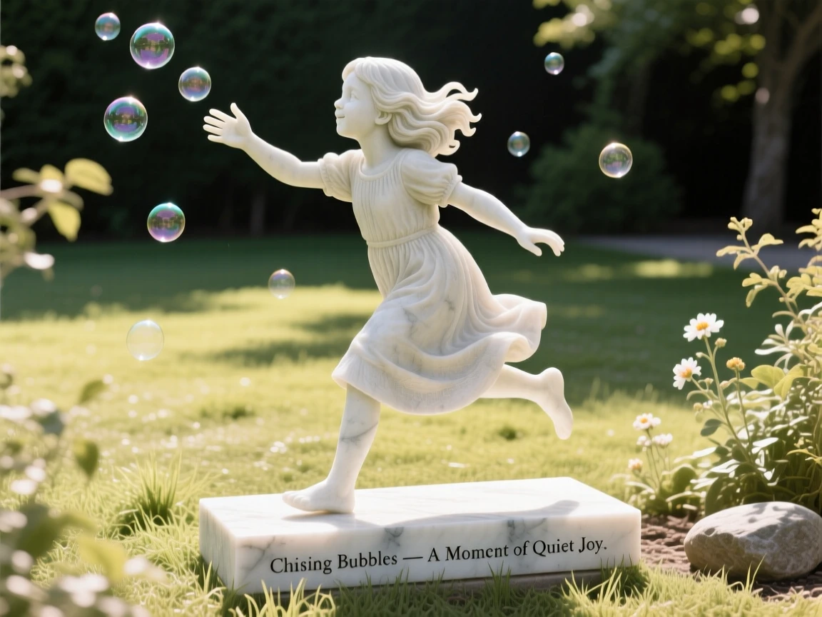 A beautifully composed image of a young girl chasing bubbles in a sunlit yard, in a moment of quiet stillness, full of atmosphere and visual storytelling