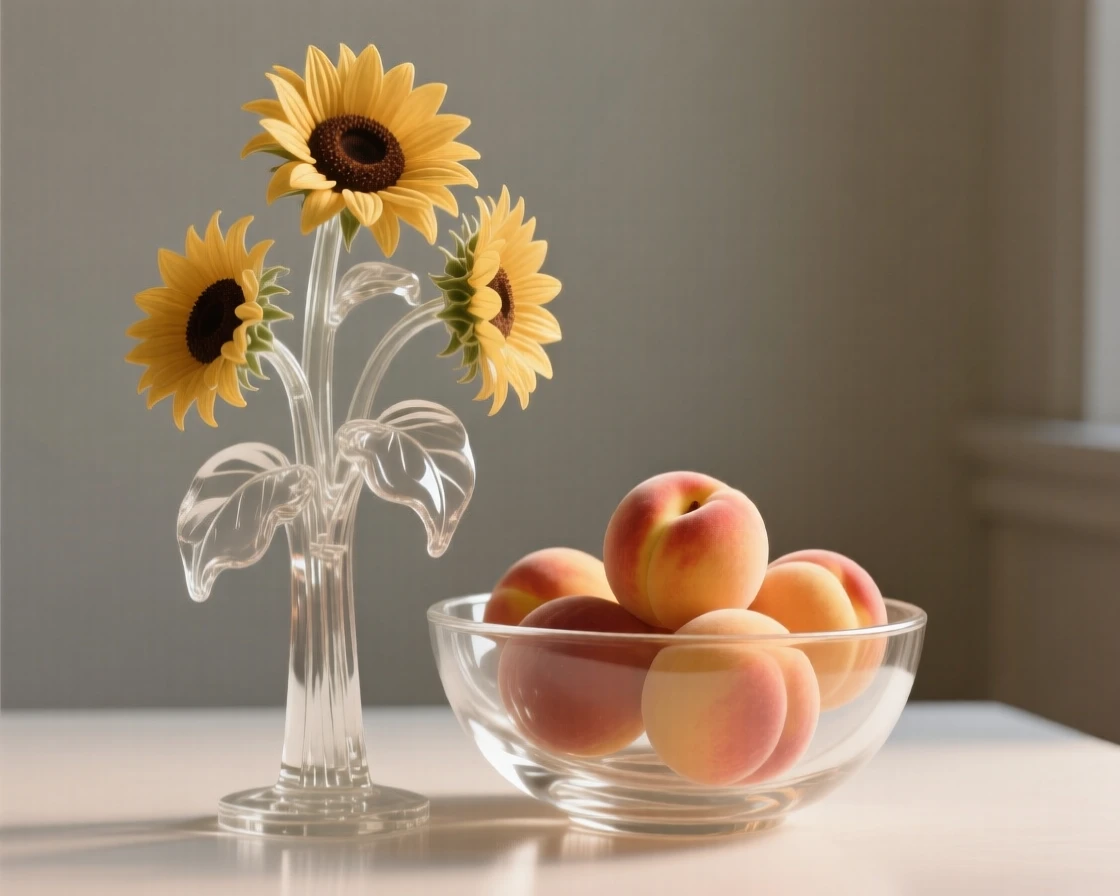 A bunch of sunflowers standing beside a bowl of ripe peaches while the scent of fresh baking fills the room