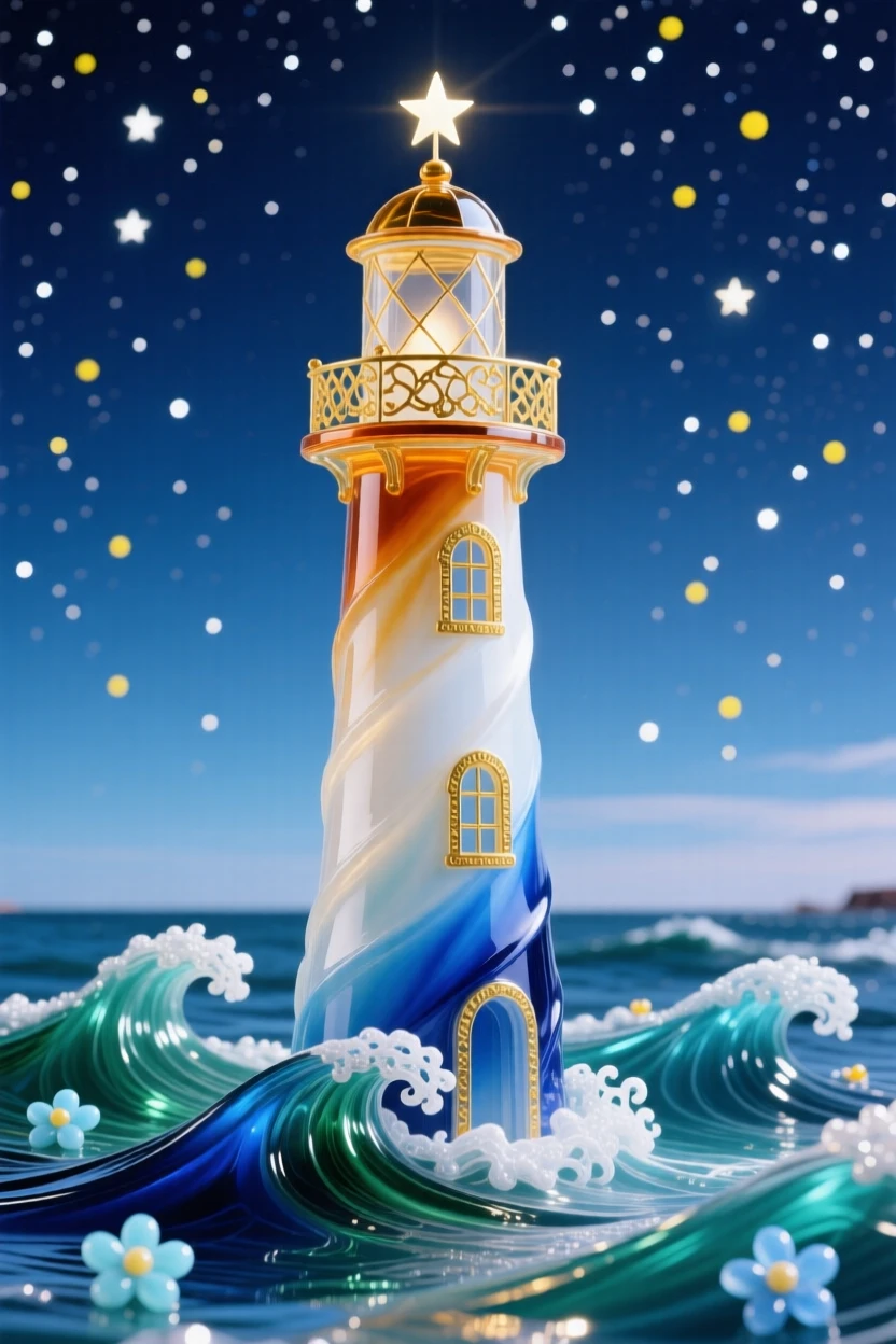 A lone lighthouse standing firm against gentle waves beneath the clearest starry summer sky, peaceful and iconic.