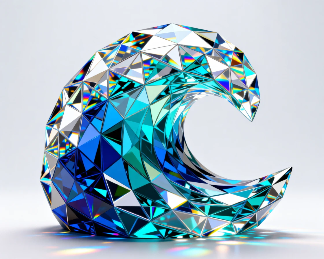 An abstract composition of geometric shards forming a shimmering ocean wave.
