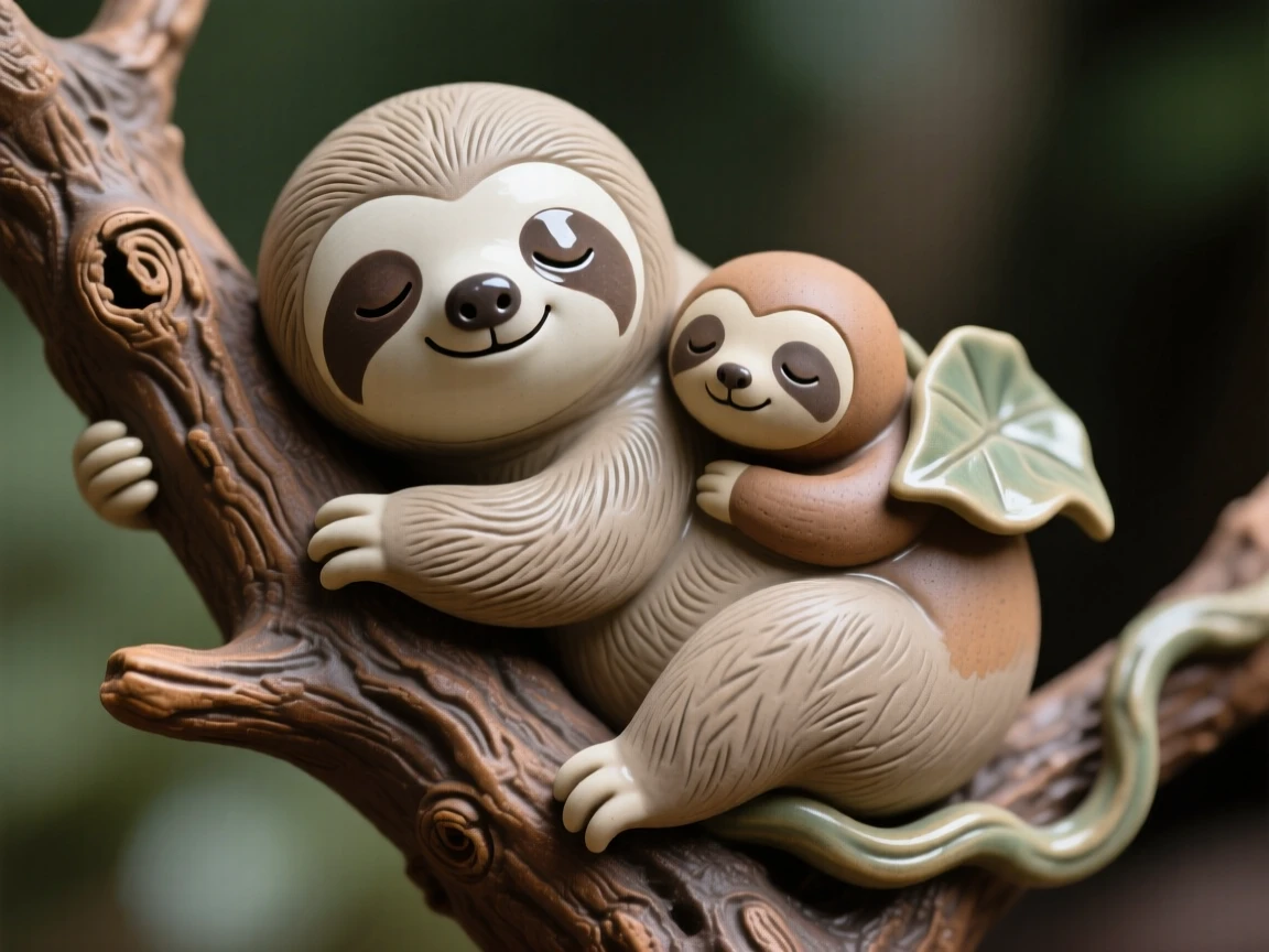 A sleepy baby sloth clinging to a branch nestled cozily against a warm companion, with big round eyes full of innocent wonder, radiating adorable, joyful innocence.