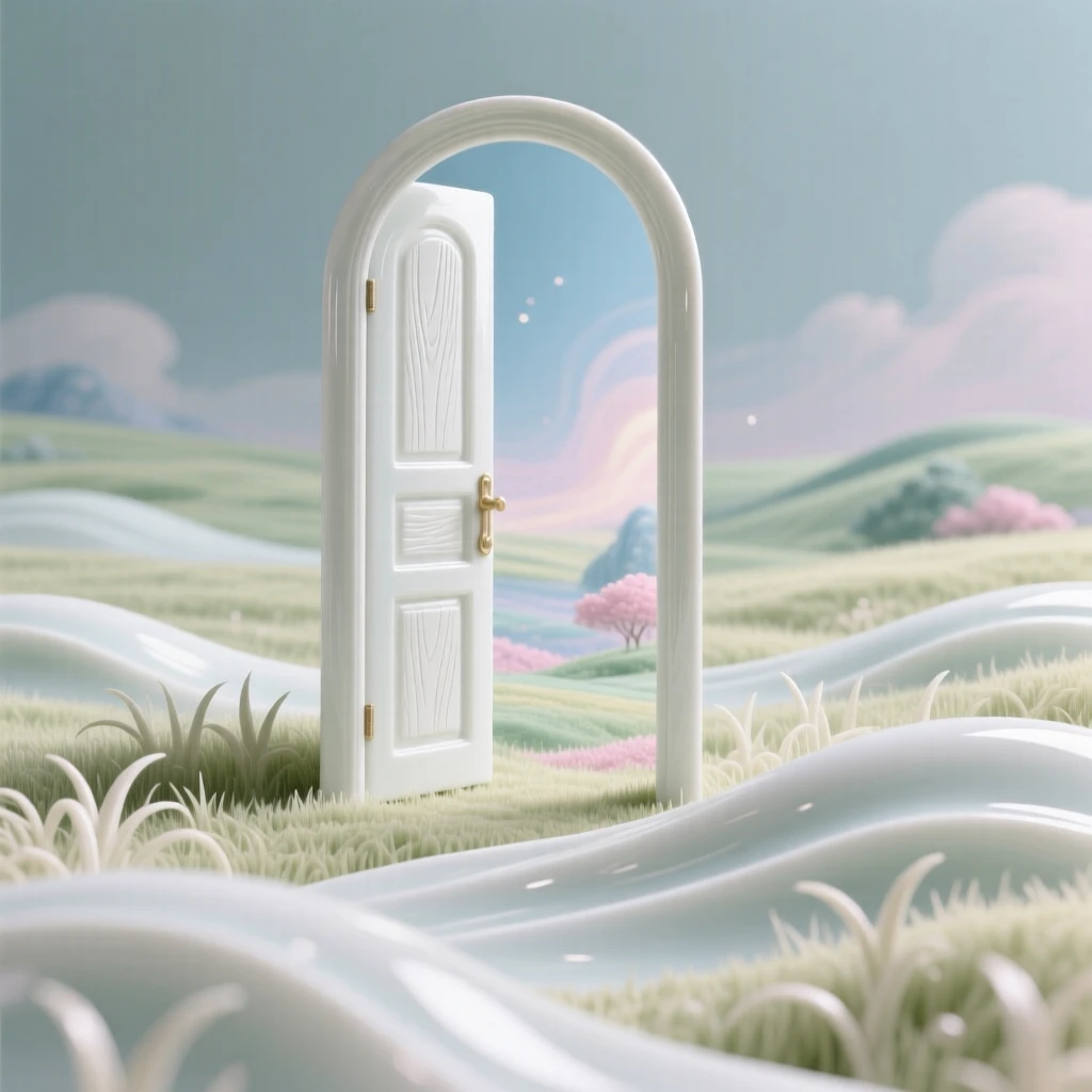 A dreamlike scene of a door standing alone in a field, opening into another world, balanced between the familiar and the fantastical.