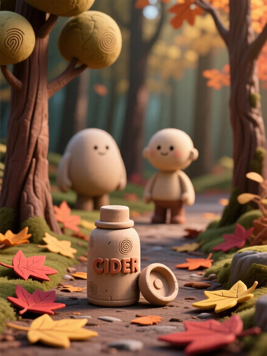 An autumn forest walk with a thermos of cider and falling leaves