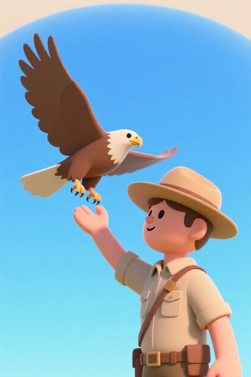 A gentle wildlife ranger releases a rehabilitated hawk back into a clear blue sky, wings spread wide.