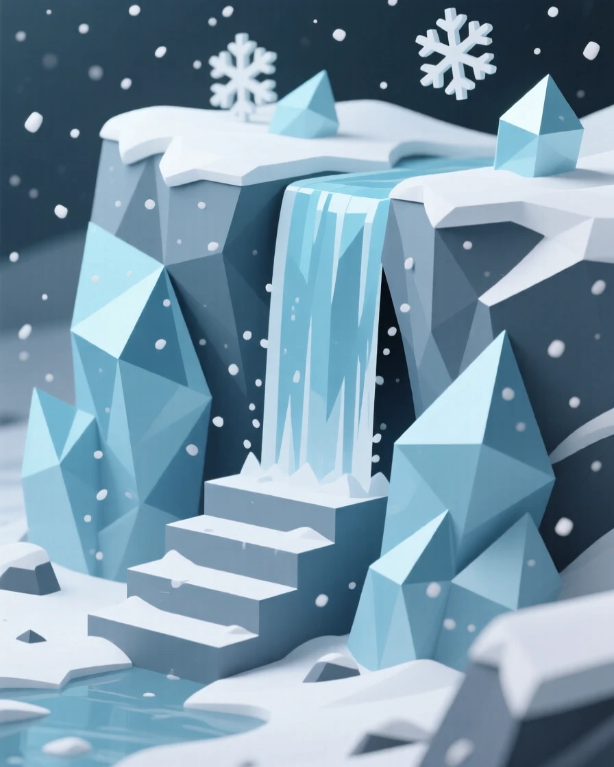 A frozen waterfall encased in ice, beneath a blanket of soft snowfall. layers of color create a striking sense of depth. The atmosphere is dramatic and powerful.