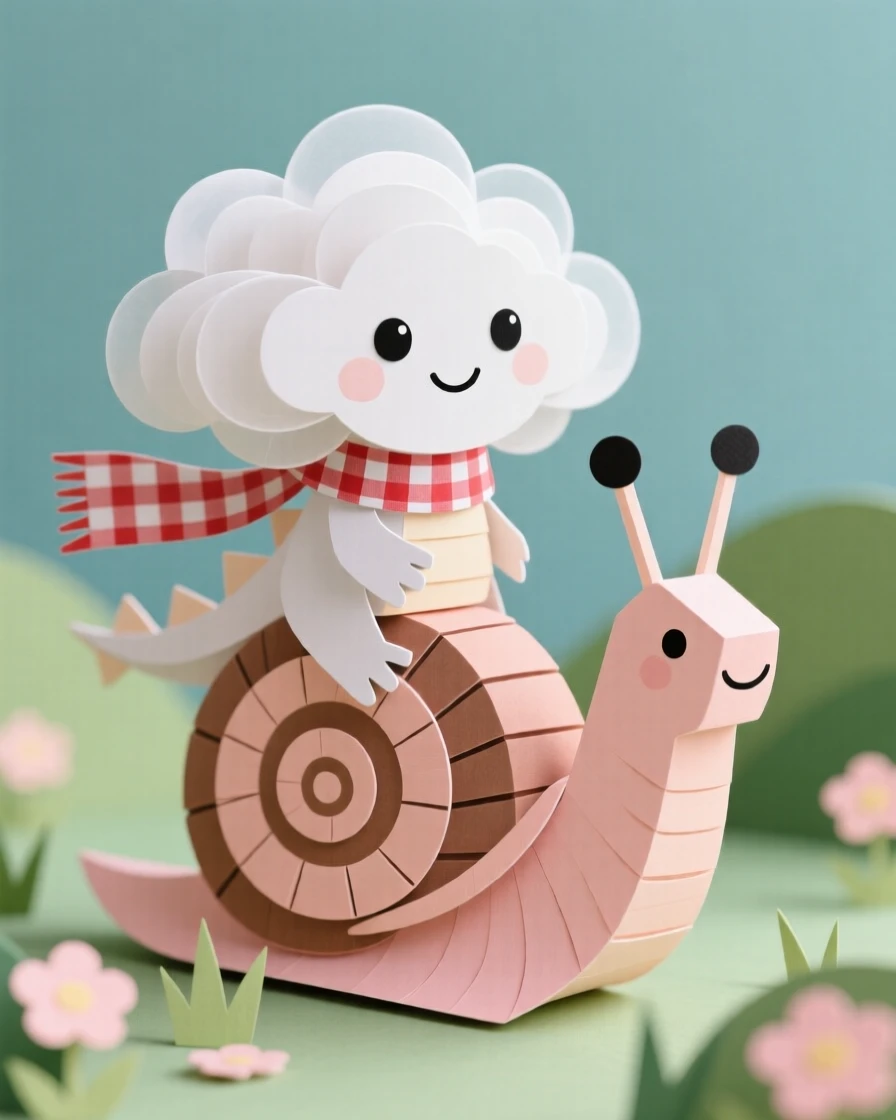 A fluffy cloud dragon riding on the back of a friendly snail, with a tiny scarf fluttering in the breeze, capturing pure adorable innocence.