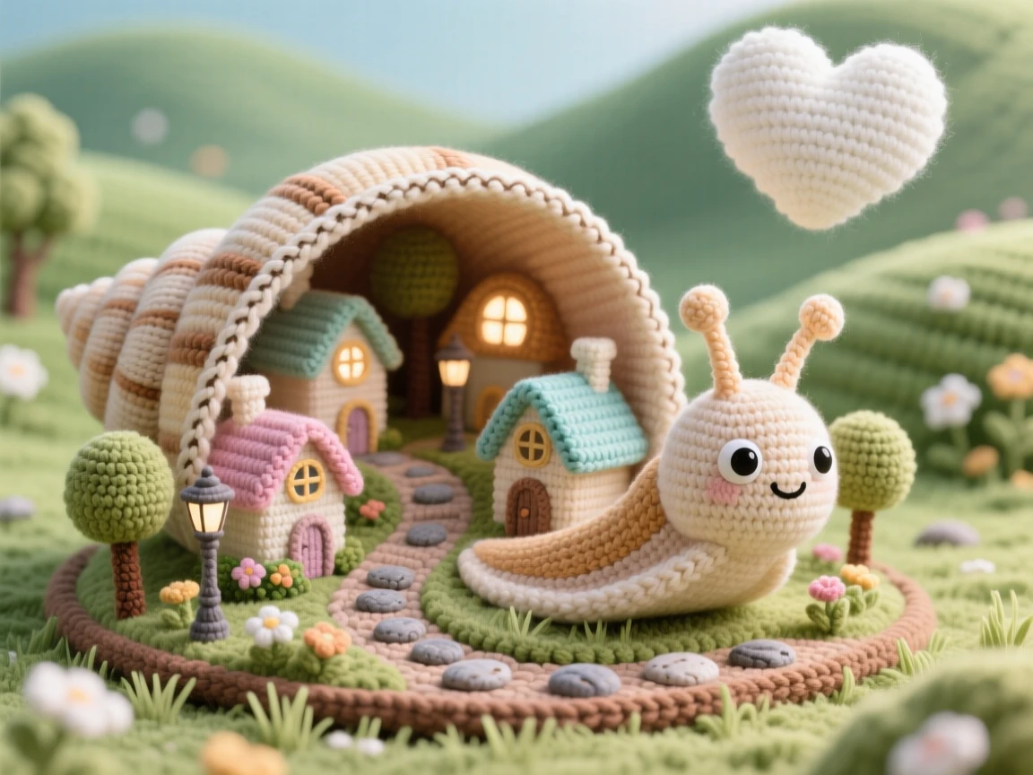 a miniature village built inside a giant snail's shell home, with tiny spiral streets, resting on a garden path, tucked within a quiet, dreamlike meadow, with a single drifting cloud shaped like a heart, evoking quiet delight in an impossible little world.