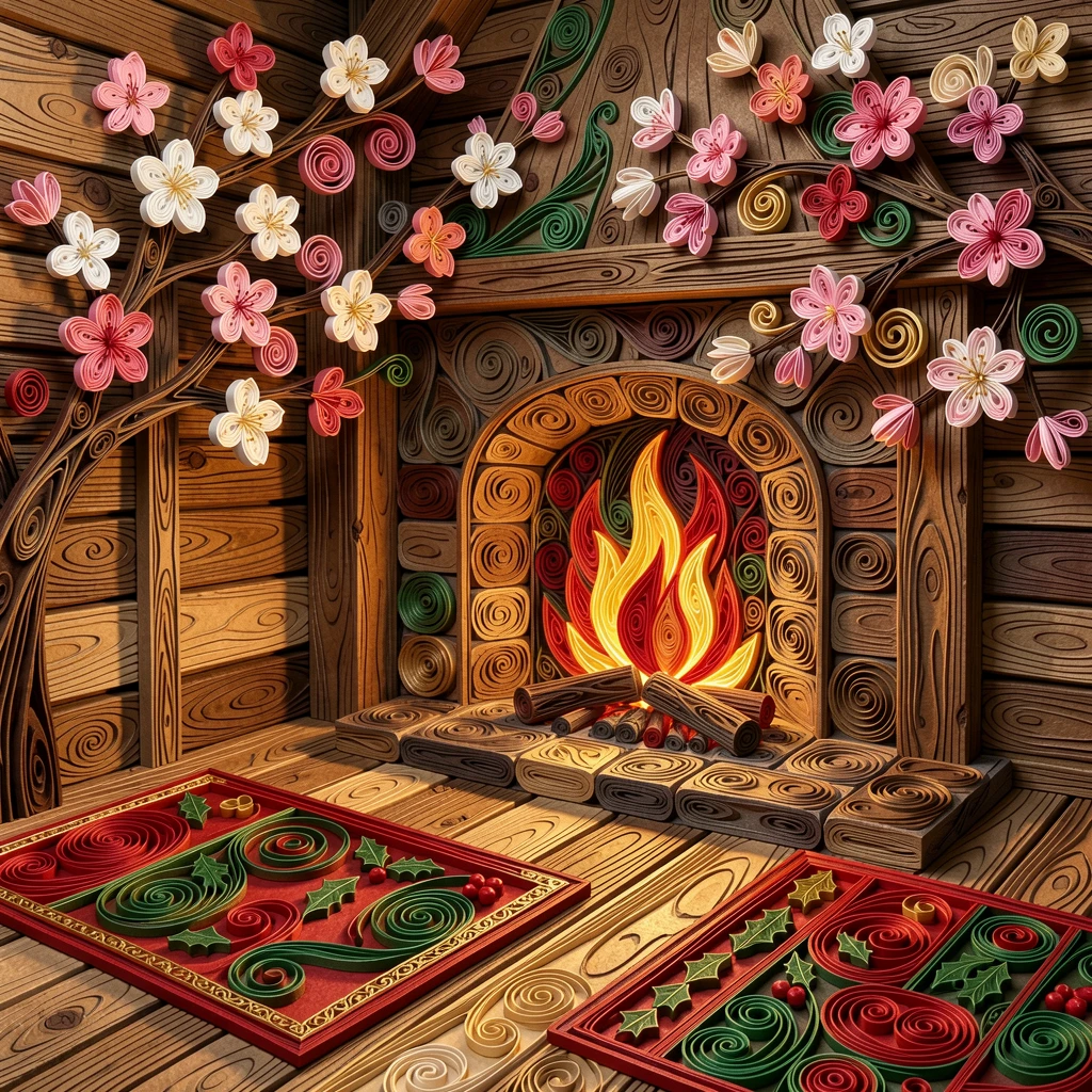 A festive holiday scene of a spring cherry blossom festival with picnic blankets beside a crackling fireplace in a rustic cabin, in classic holiday tones of red, green, and gold, shown from a warm, intimate close-up perspective.