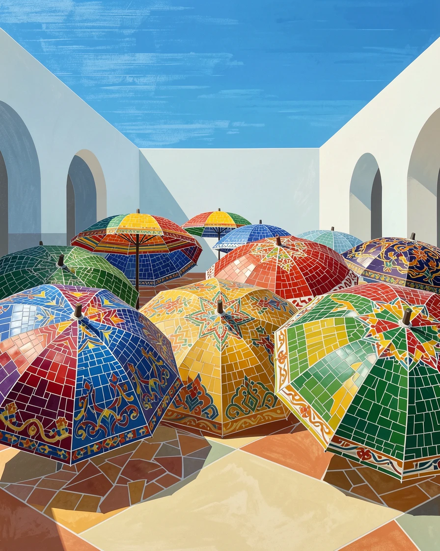 A colorful array of traditional umbrellas drying in a sunny courtyard.