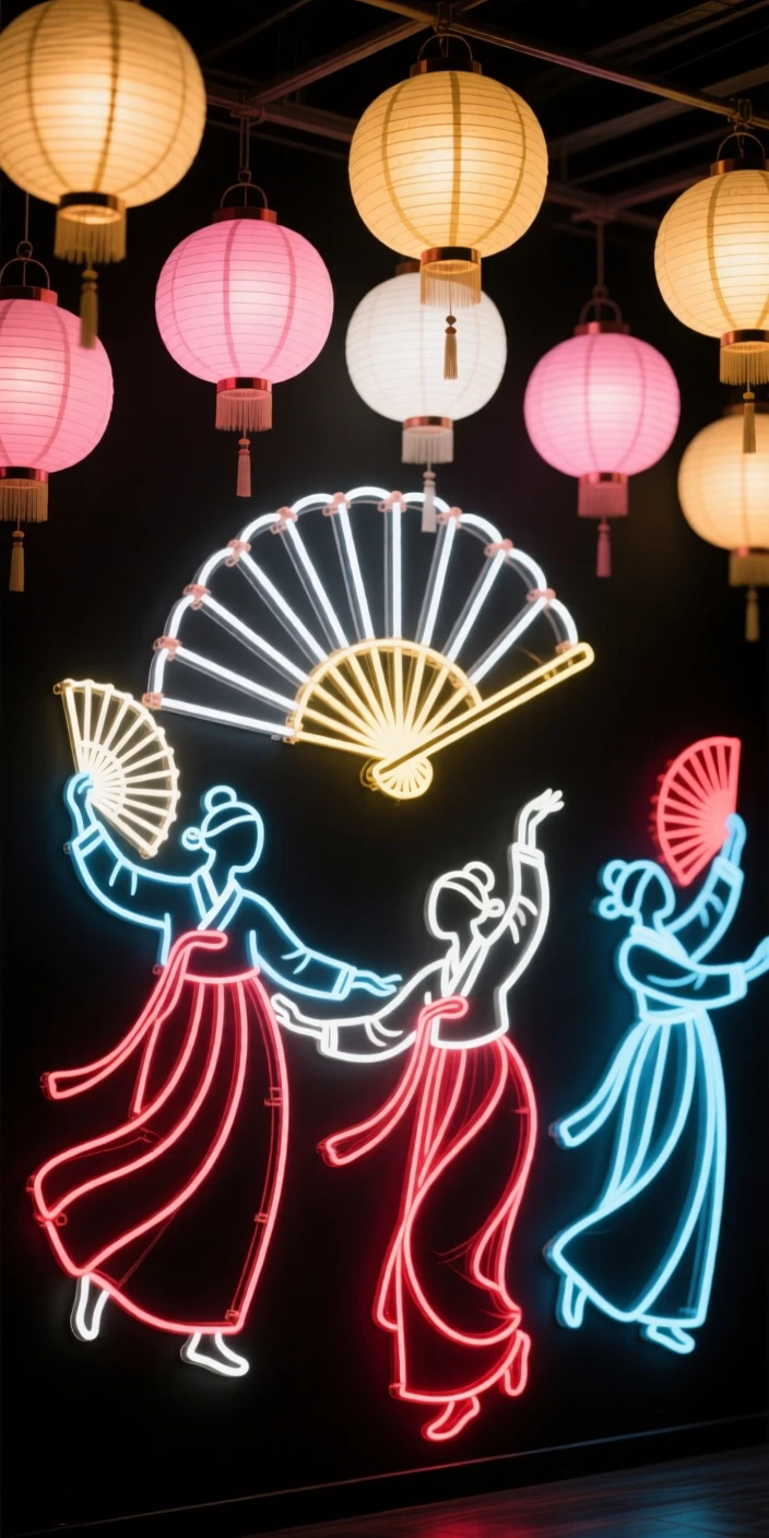 A traditional Korean fan dance performed under paper lanterns.
