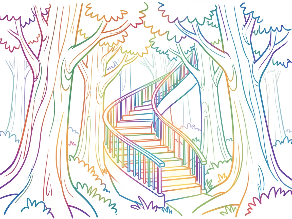 A glowing spiral staircase rising through a canopy of ancient trees.