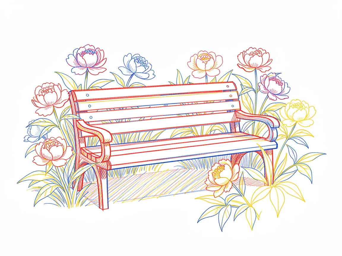 A quiet garden bench surrounded by blooming peonies in full bloom
