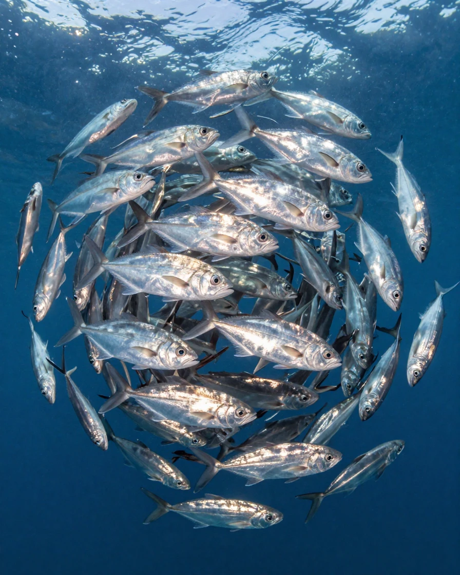 A school of silver fish forming a swirling ball underwater