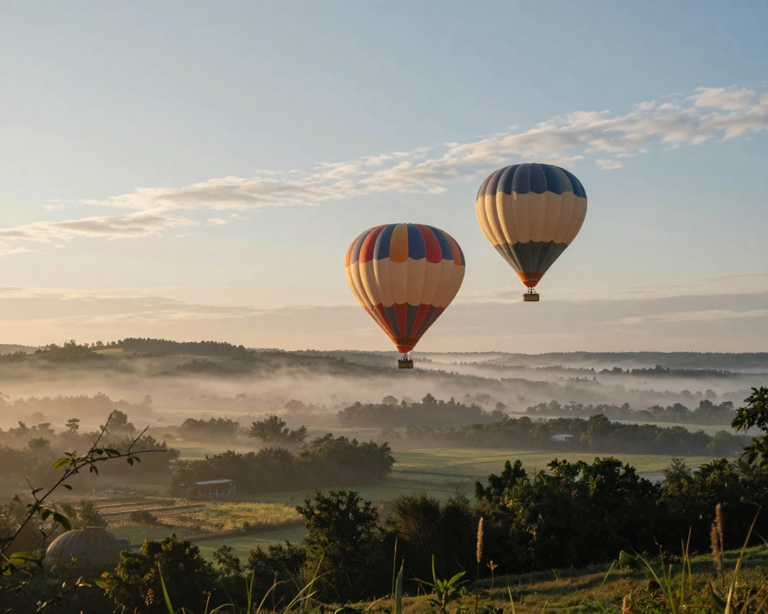 A single hot air balloon rises above a foggy valley just after sunrise.