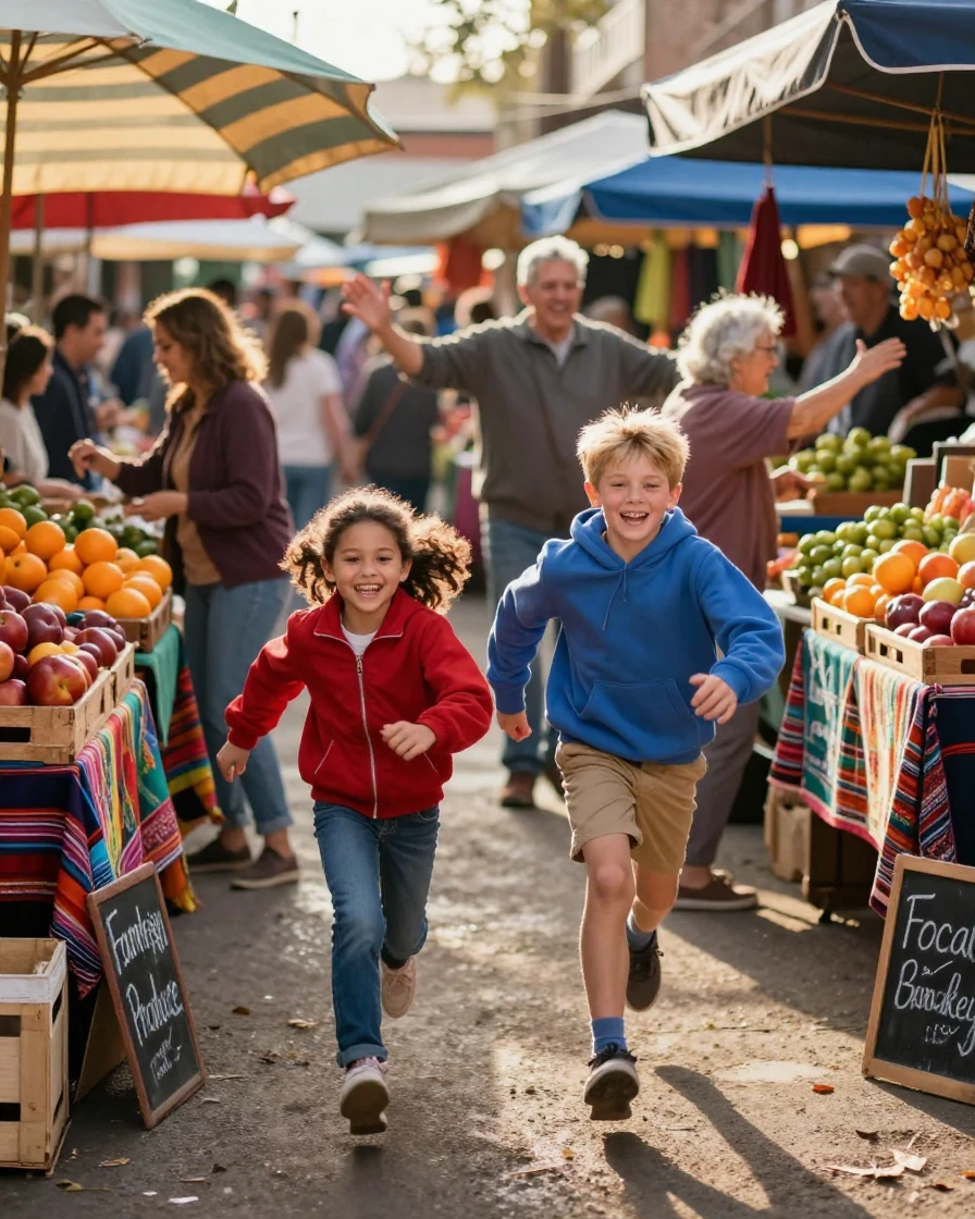 Siblings racing each other in a bustling open-air market while their parents watch and cheer