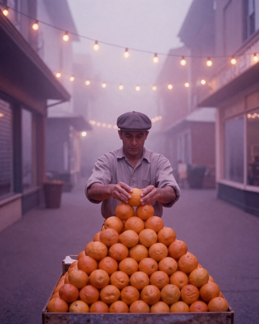 A street vendor arranging fresh oranges into a neat pyramid, under strings of warm string lights, in thick rolling fog, in the mild days of early autumn, in dusty lavender and rose tones, framed symmetrically down a long corridor.