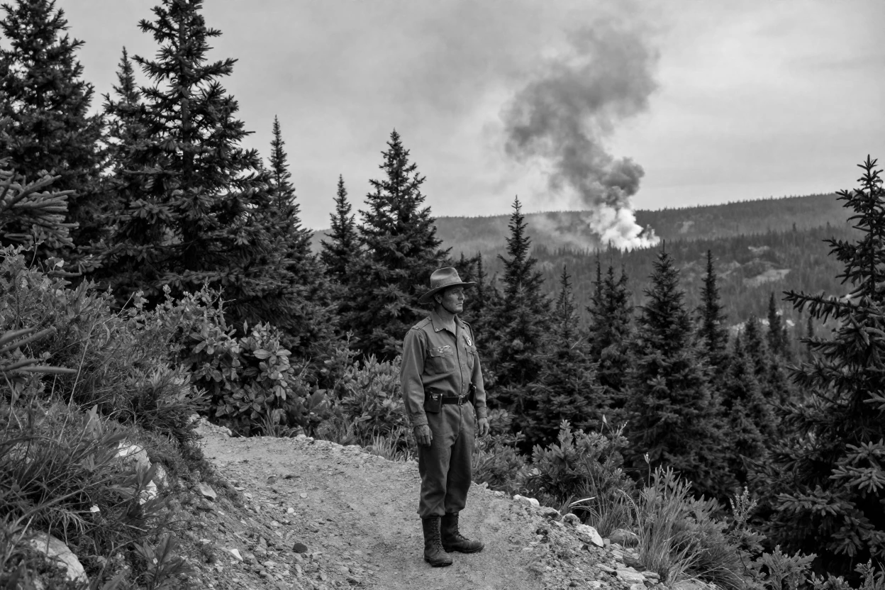 A forest ranger spots smoke rising in the distance atop a forested ridge.