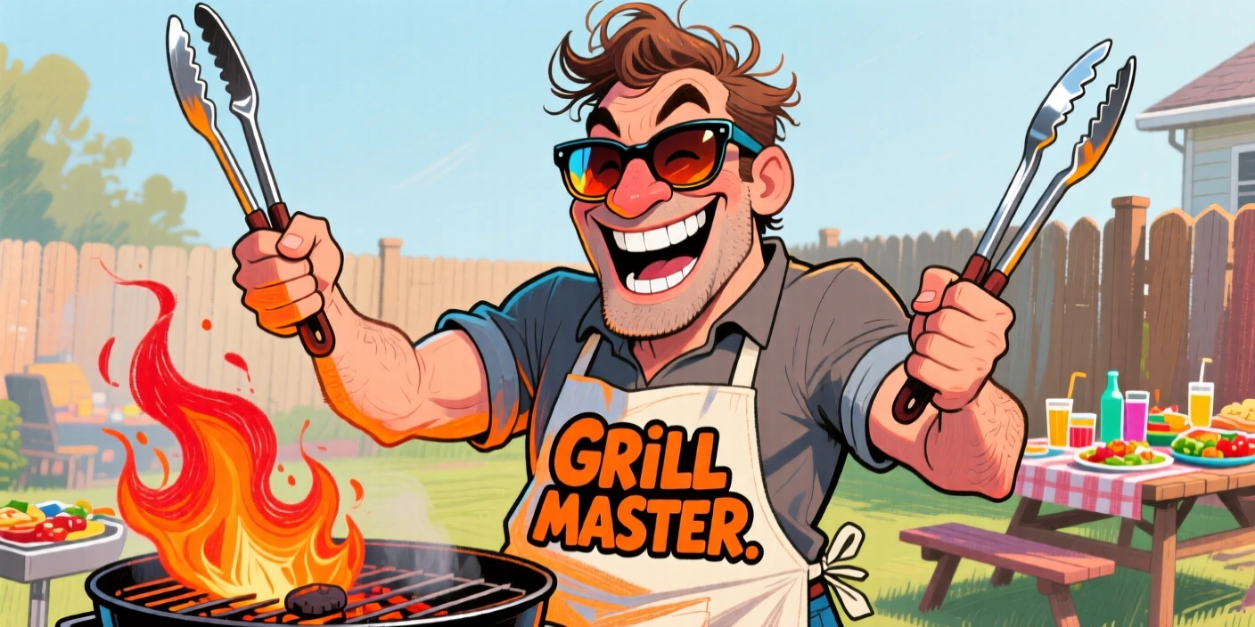 A man grilling at a backyard barbecue, tongs in hand, sunglasses reflecting the flames.