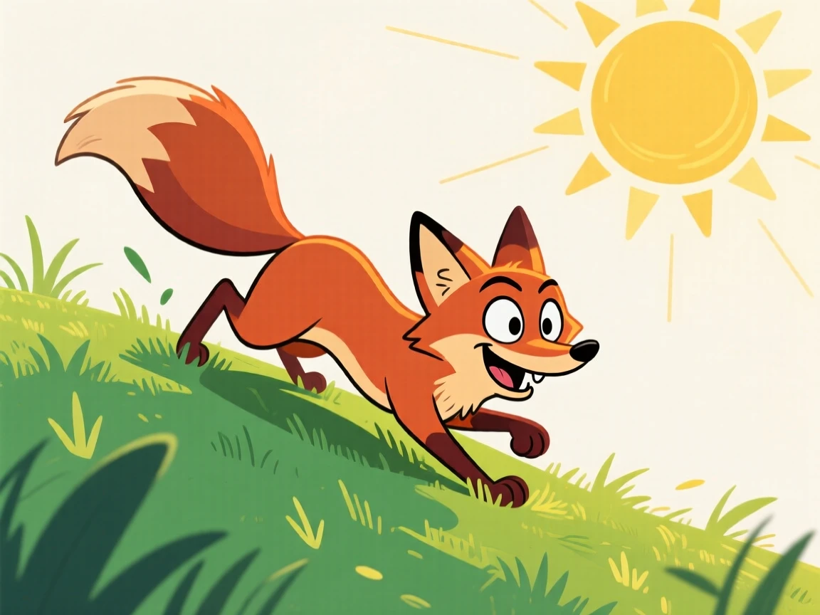 A charming animal moment featuring a sly fox tumbling playfully down a grassy hill, under a warm golden afternoon sun.
