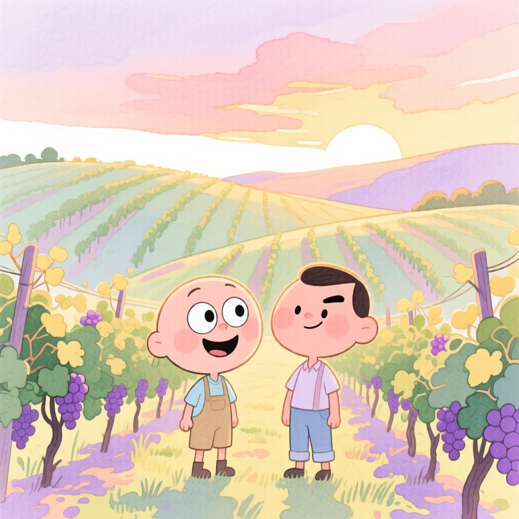 A serene landscape of a rolling vineyard bathed in warm light at golden sunset