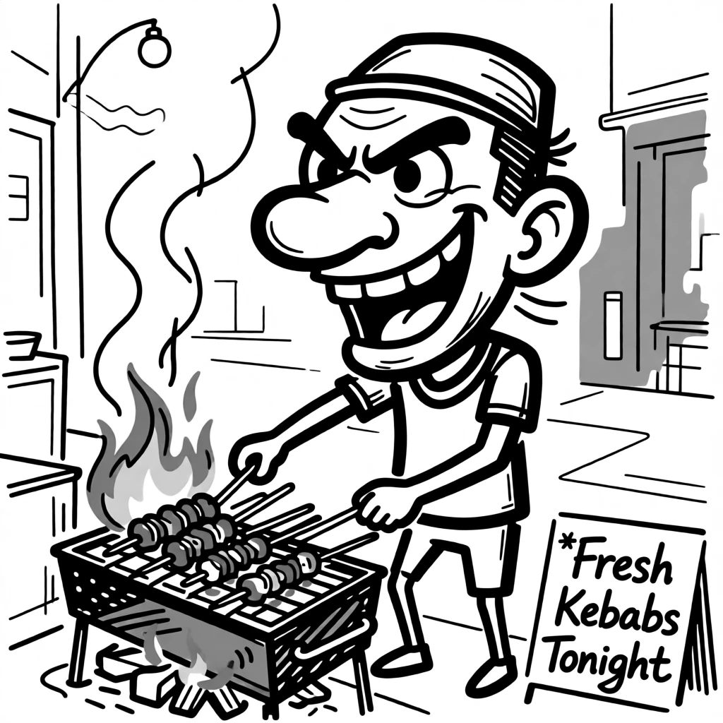 A street food vendor grilling fragrant kebabs over glowing coals at night.