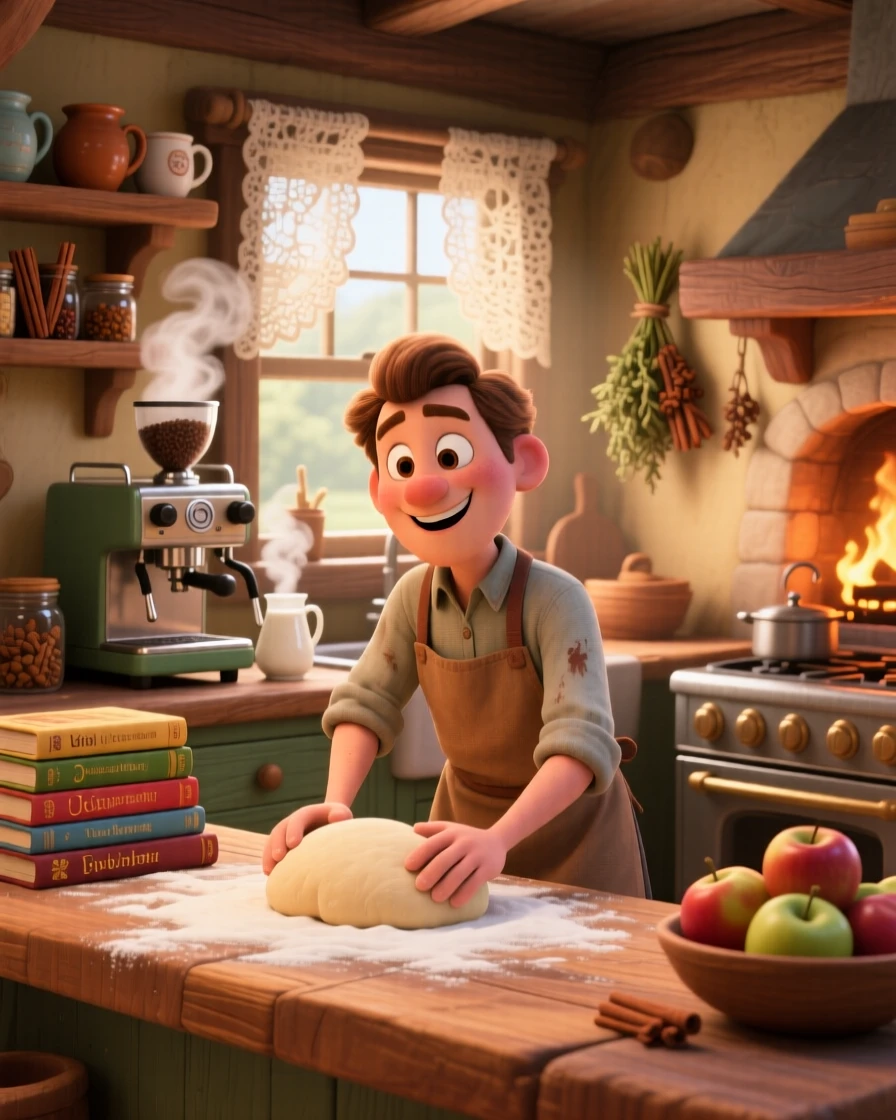 A barista steaming milk behind a counter sits in a farmhouse kitchen filled with the smell of cinnamon, kneading dough on a floured counter. The atmosphere is warm, unhurried, and peaceful, with a stack of books piled beside them.