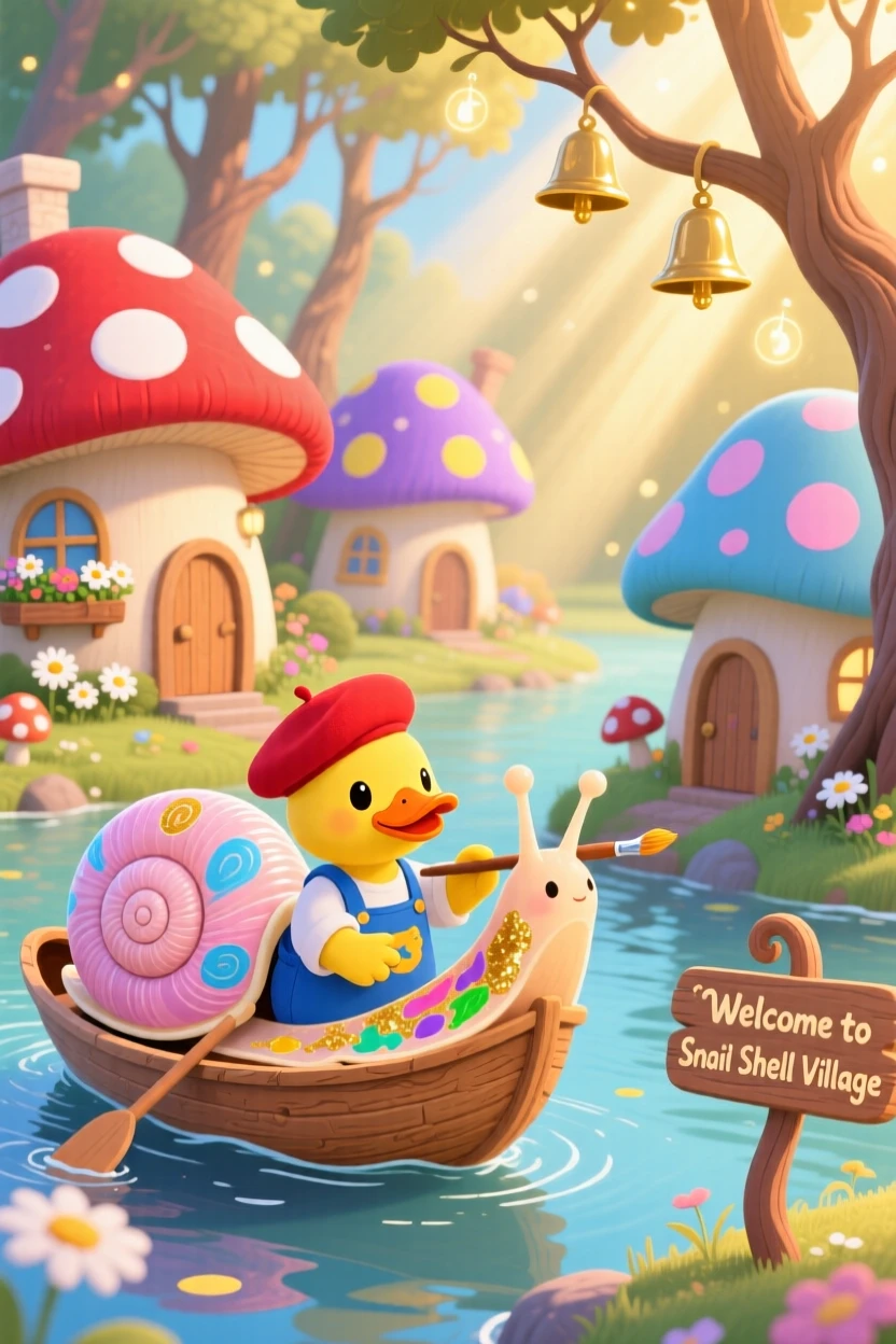 A duck who sails a walnut-shell boat is painting the inside of a snail's shell in a neighborhood of mushroom-cap houses, while soft chimes ring from unseen bells.