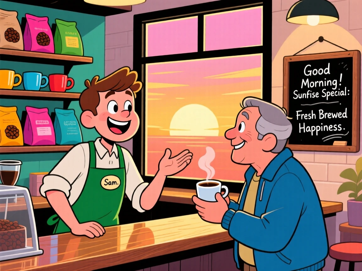 A barista chatting warmly with a regular customer at sunrise.