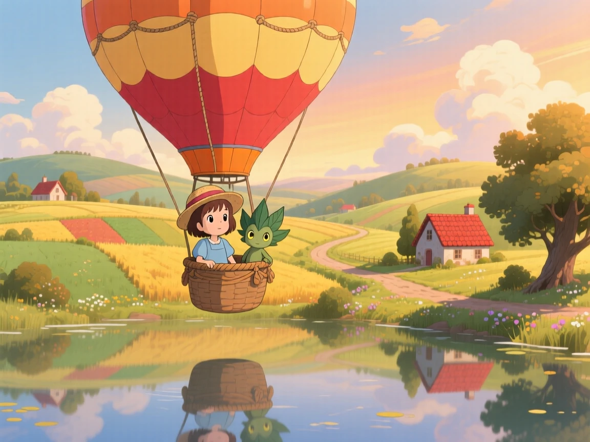 A charming scene of a hot air balloon drifting over a patchwork countryside, reflected in the still water below.
