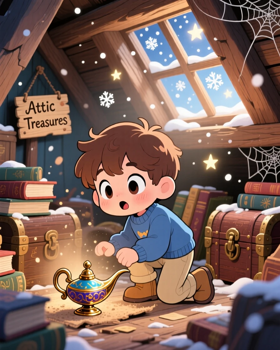 A small boy discovering a genie's lamp in an attic, framed as a dynamic diagonal composition within a dusty storybook attic, amid softly falling snow, glowing under sparkling starlight, evoking gentle surprise.