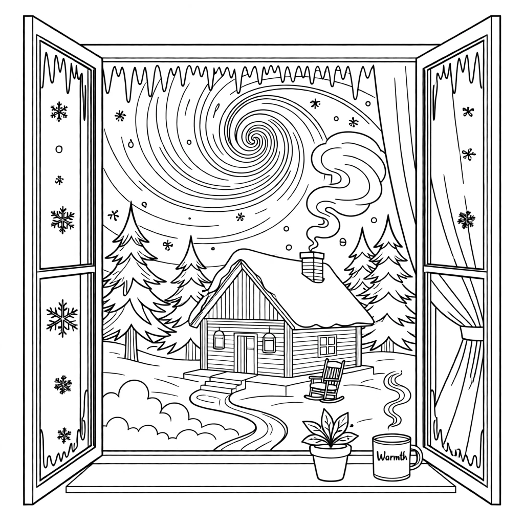 A frost-covered window with a view of falling snow, a snowstorm swirling around a lone cabin in the woods.