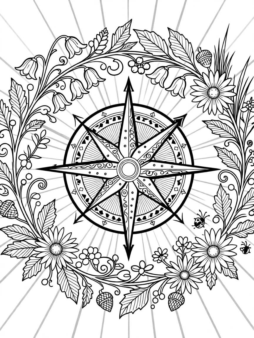 A vintage compass rose surrounded by a wreath of wildflowers.