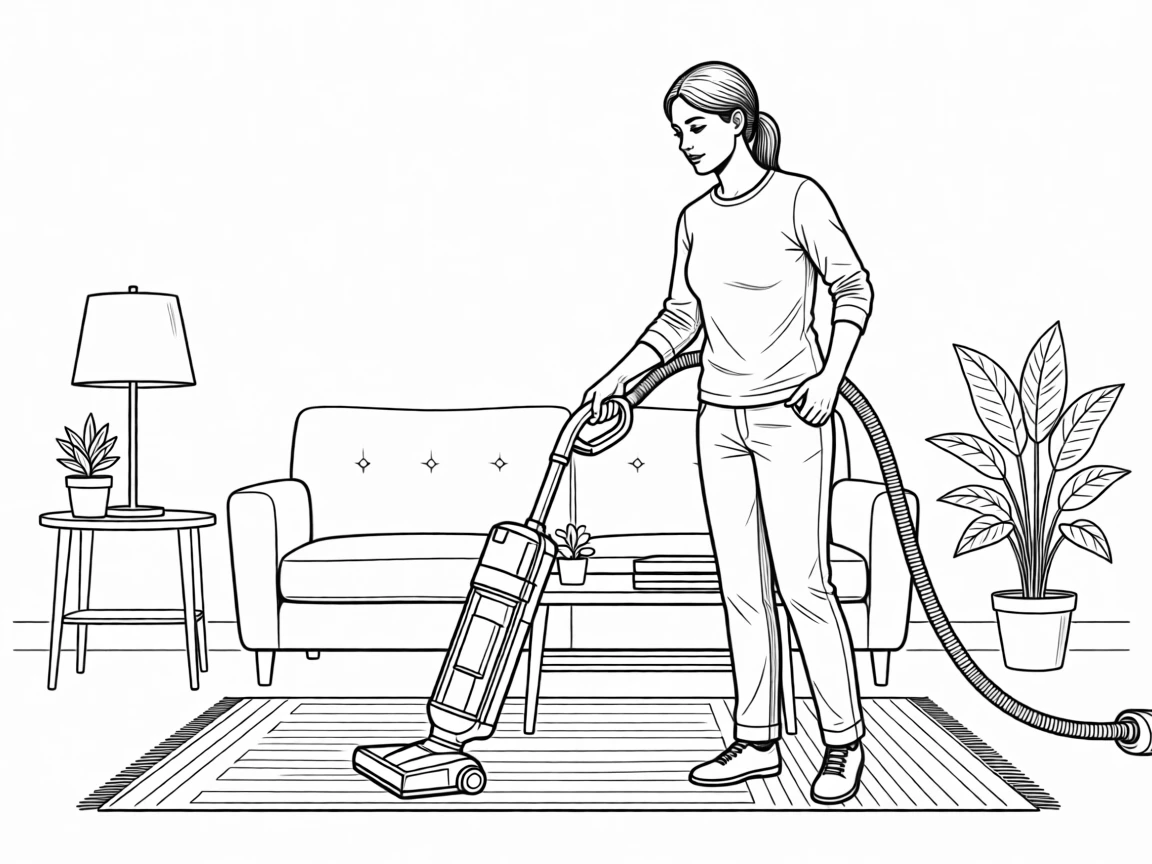 A person vacuuming a tidy living room
