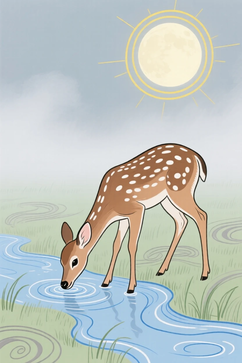 A spotted fawn drinking from a stream in a misty morning field under a full moon.