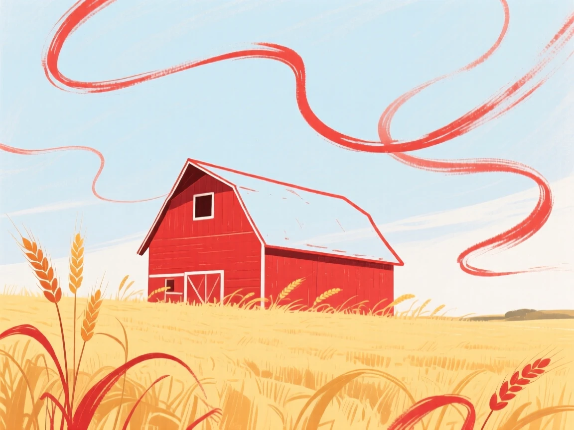 A red barn standing in a golden wheat field under a wide sky.