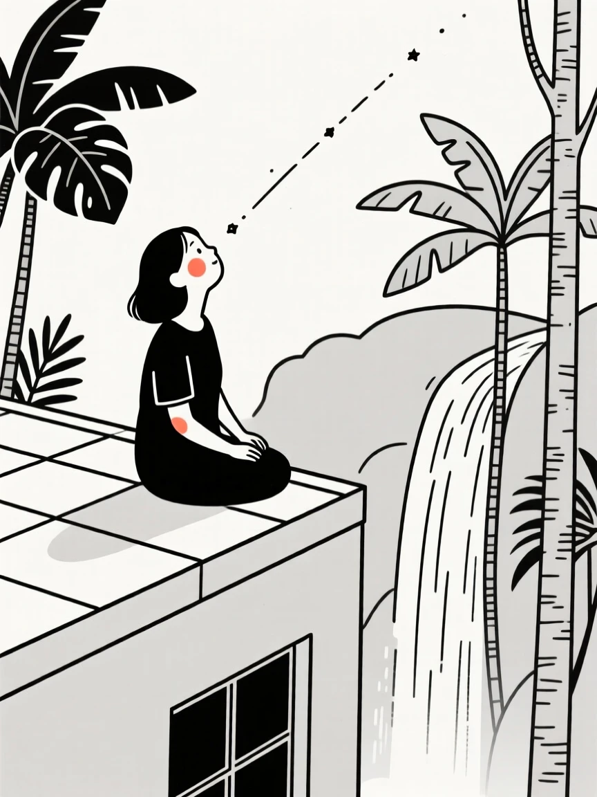 A mother stargazing from a rooftop, by a waterfall in the jungle.