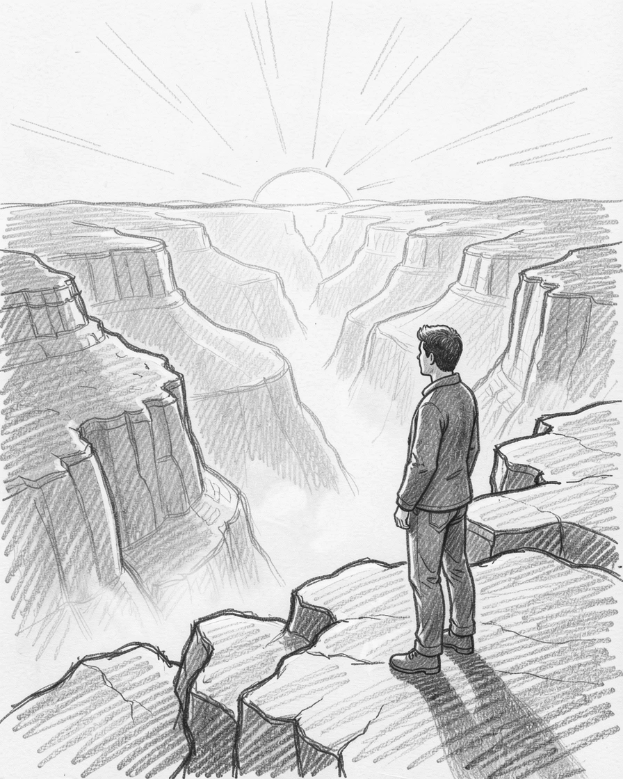 A peaceful moment of a person standing at the edge of a vast canyon at sunrise amid gentle morning mist, offering a feeling of quiet gratitude.