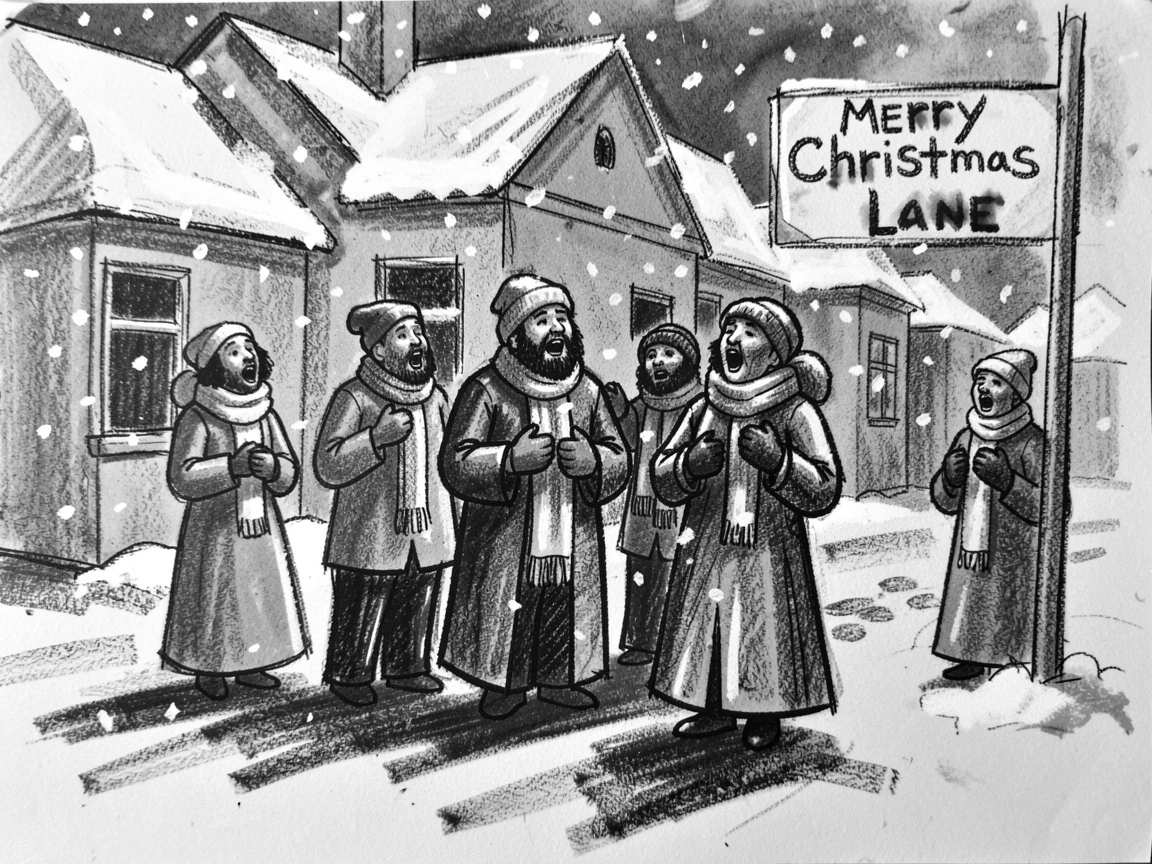 A group of carolers singing outside snow-dusted houses, under a soft blanket of falling snow.