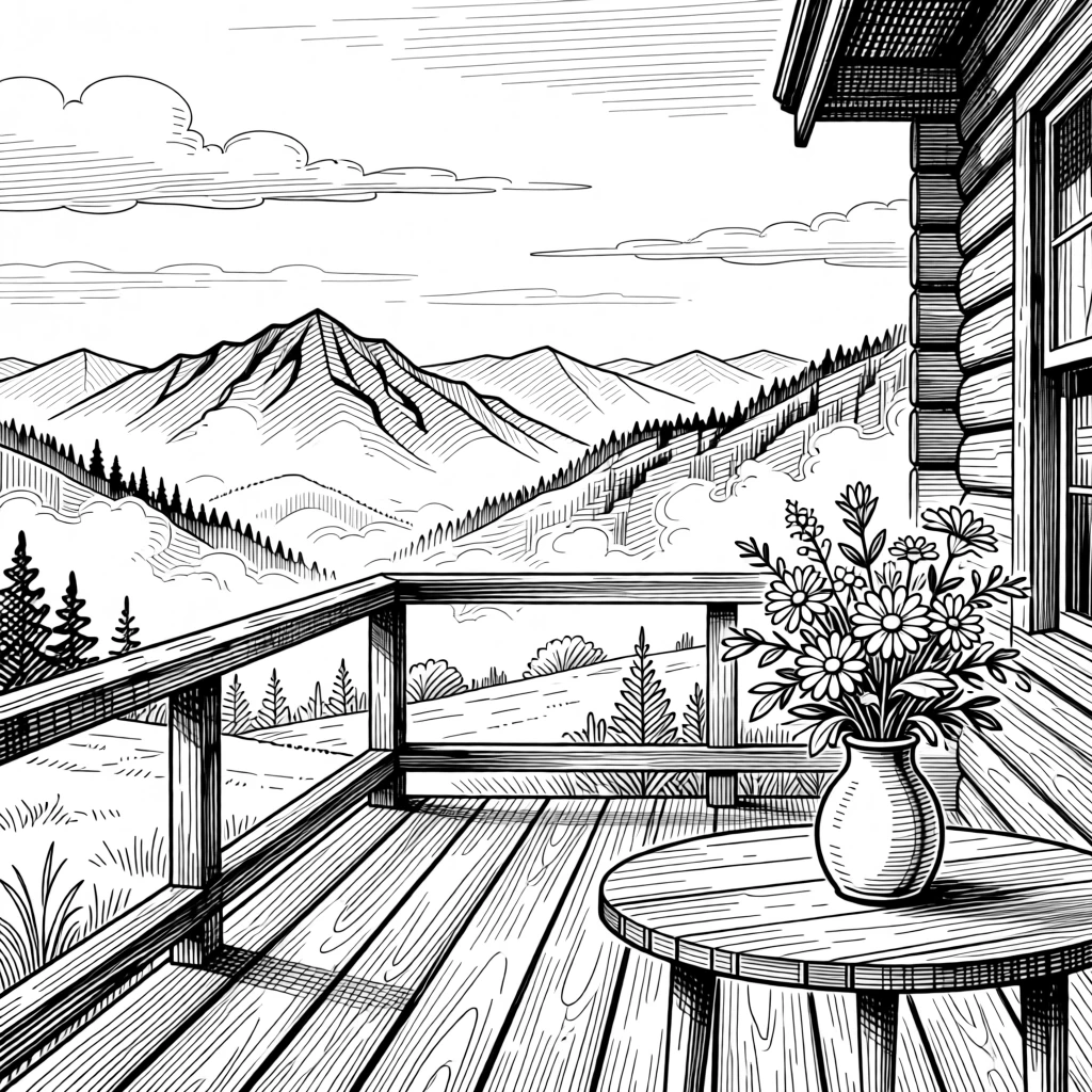 A cabin porch with a view of misty mountains beneath a sky painted in soft pastel hues, with a small vase of fresh flowers nearby, evoking a restfully serene sense of calm.