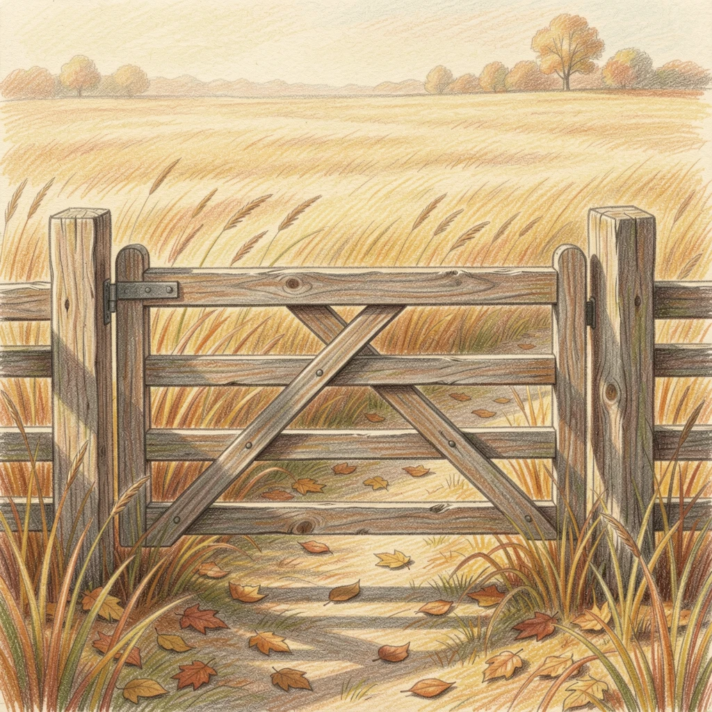 A rustic countryside gate opening onto a golden autumn field, with a gentle play of light and shadow across the composition, evoking nostalgia and a deep sense of contentment.