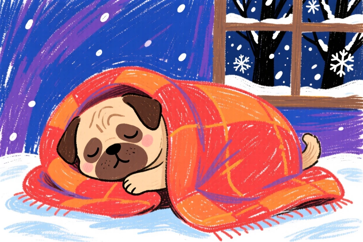 A sleepy pug wrapped in a blanket on a cold winter evening.