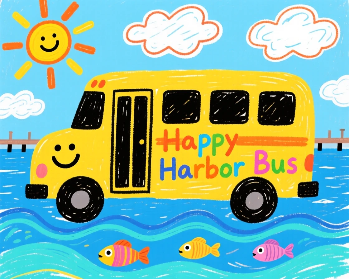A big yellow school bus sailing across a calm blue harbor.